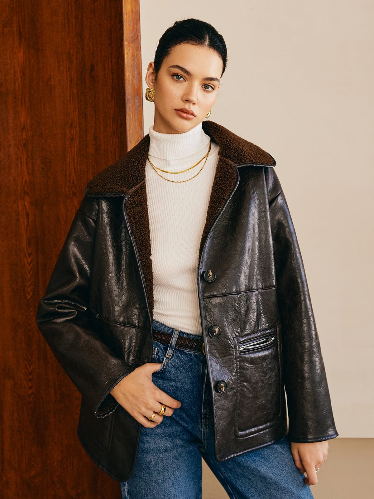 Sofia | Schwarze Lederjacke mit Teddy-Futter